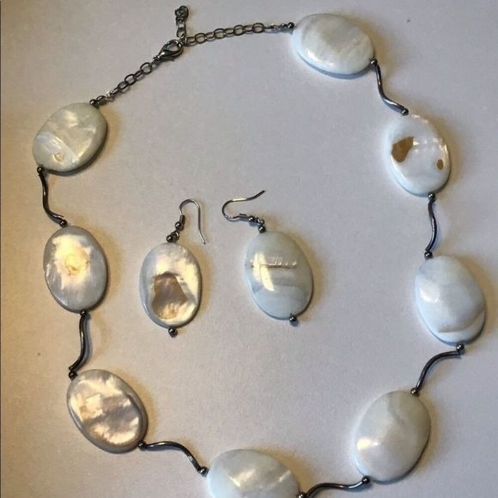 Mother of Pearl Necklace and Earrings Set with Silverplate Hardware Handcrafted
